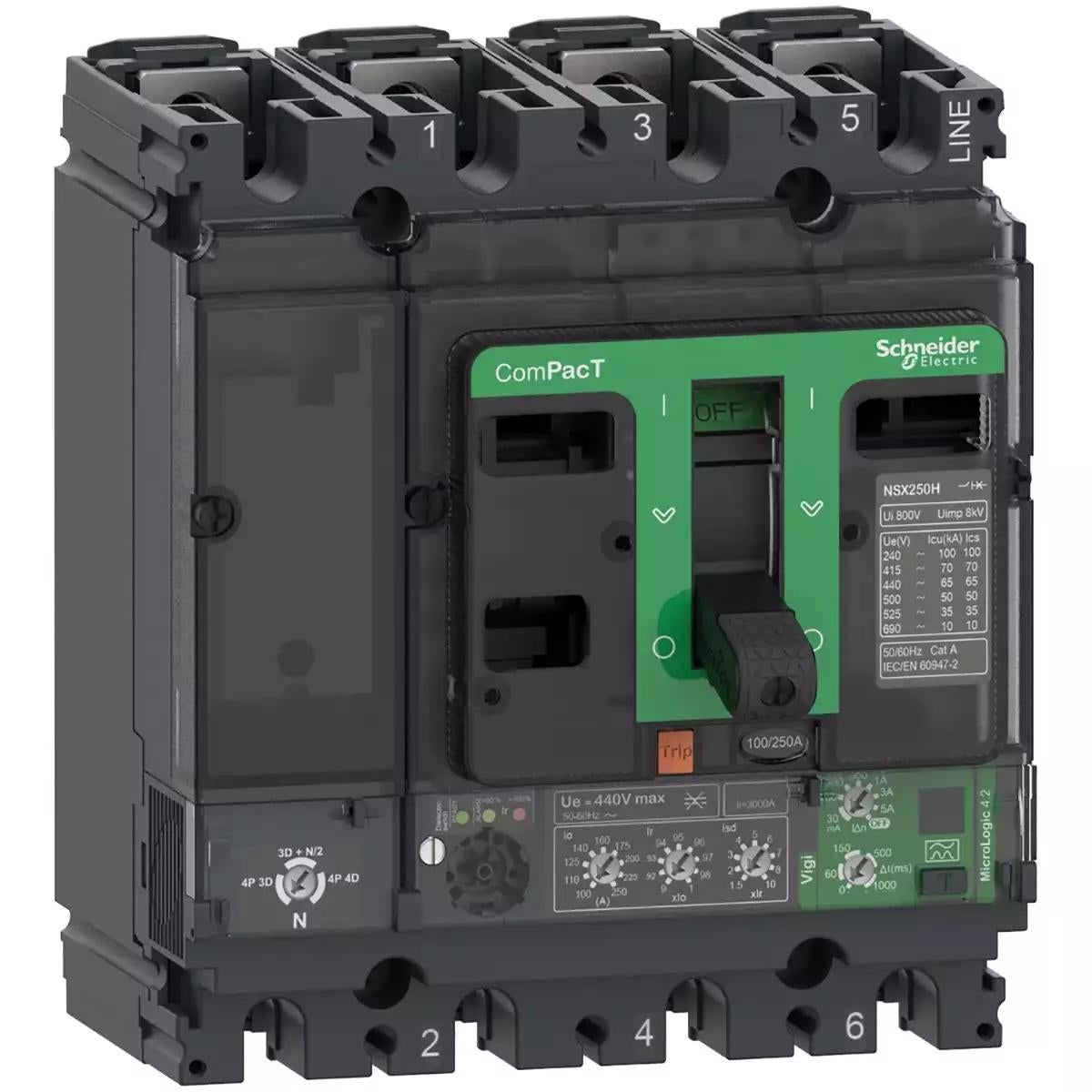 Schneider Electric Circuit breaker ComPacT NSX100N, 50kA at 415VAC, MicroLogic 4.2 Vigi trip unit 100A, 4 poles 4d