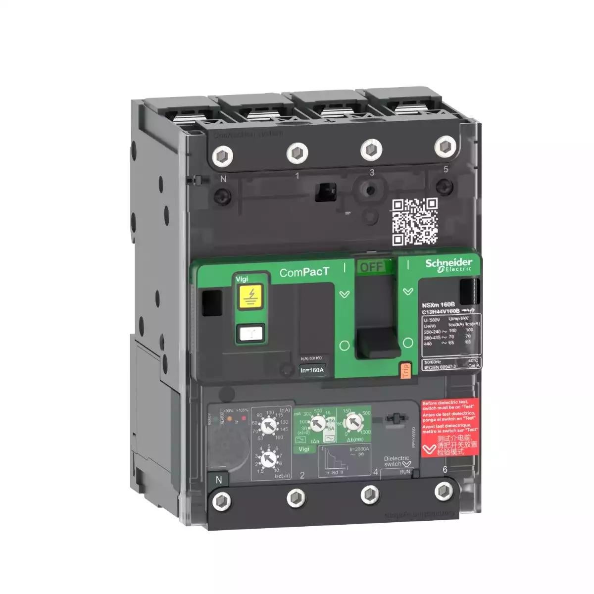 Schneider Electric Circuit breaker ComPacT NSXm B (25kA at 415VAC), 4 Poles 4d, 25A rating Micrologic 4.1 trip unit, lugs and busbar connectors