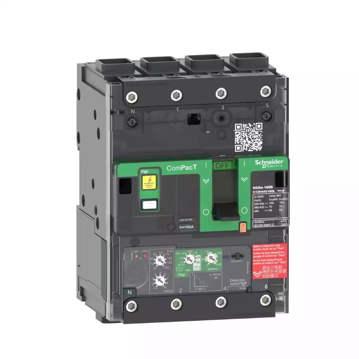 Schneider Electric Circuit breaker ComPacT NSXm B (25kA at 415VAC), 4 Poles 4d, 25A rating Micrologic 4.1 trip unit, EverLink connectors
