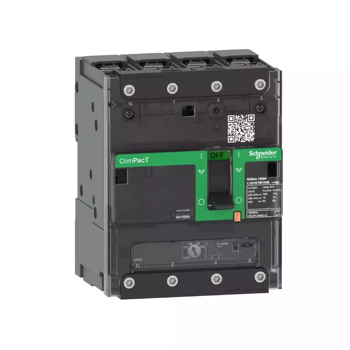 Schneider Electric Circuit breaker ComPacT NSXm N (50kA at 415VAC), 4 Poles 3d, 63A rating TMD trip unit, compression lugs and busbar connectors