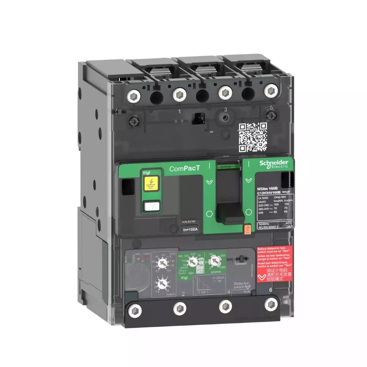 Schneider Electric Circuit breaker ComPacT NSXm H (70kA at 415VAC), 3 Poles 3d, 160A rating Micrologic 4.1 trip unit, lugs and busbar connectors