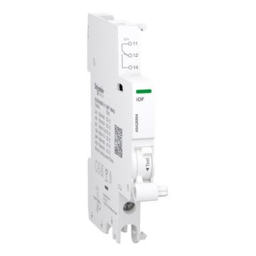 Auxiliary contact, Acti9 A9A, iOF, 1 C/O, 100mA to 6A, 24VAC to 415VAC, 24-130 VDC, bottom connection
