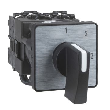 Cam stepping switch, Harmony K, multifixing, plastic, 1 pole, 4 steps, 45Â°, 12A, 45x45mm,metallic legend, marked 1/2/3/4, 35mm black handle