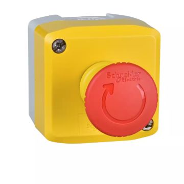 Schneider Electric Control station, Harmony XALD, XALK, plastic, yellow lid, 1 red mushroom push button 40mm, turn to release, 2NC