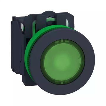 Harmony XB5 Illuminated push button flush mounted, plastic, green, Ã˜30, integral LED, 230â€¦240 V AC, 1 NO + 1 NC