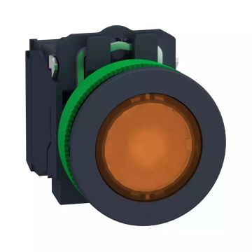 Harmony XB5 Illuminated push button flush mounted, plastic, orange, Ã˜30, integral LED, 230â€¦240 V AC, 1 NO + 1 NC