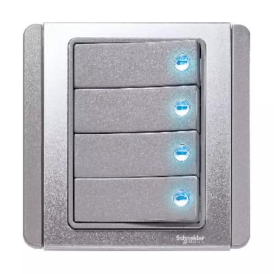 Neo - 4 Gang 2 Way Horizontal Dolly Switch with Blue LED- Grey Silver