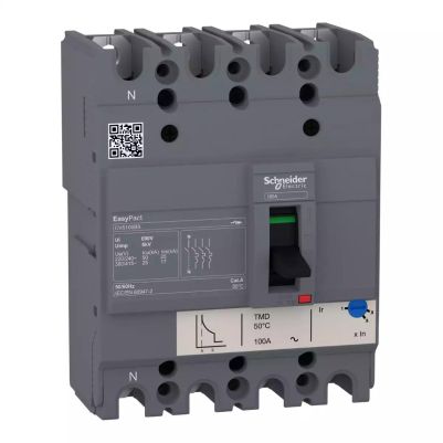 circuit breaker EasyPact CVS100BS, 25 kA at 415 VAC, 32 A rating thermal magnetic TM-D trip unit, 4P 3d