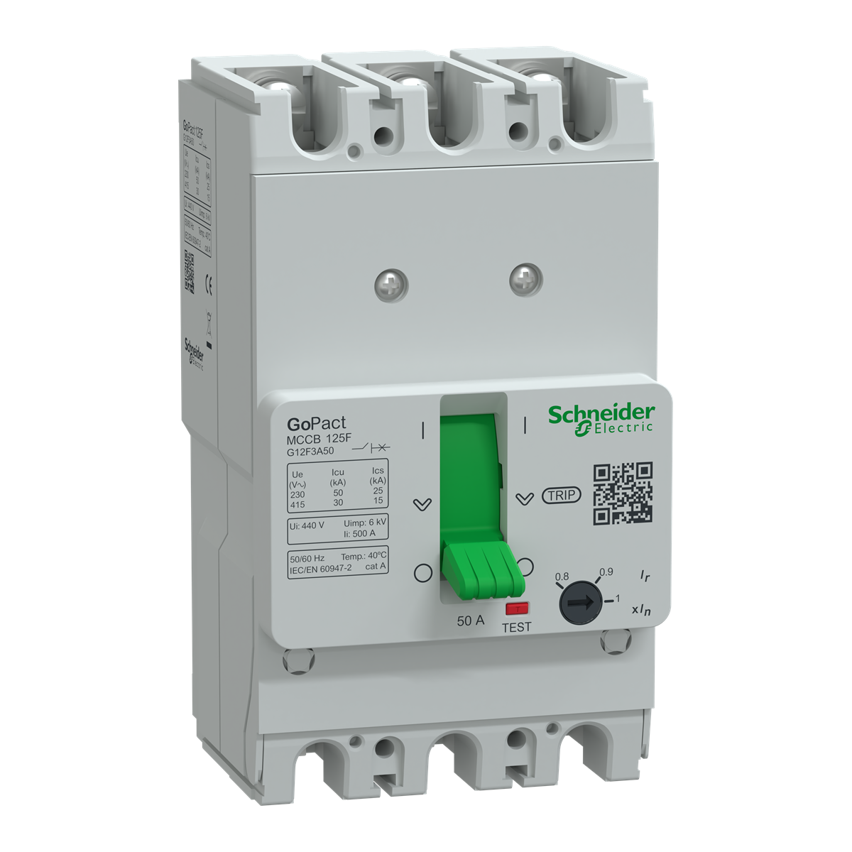 GoPact MCCB 125, 3 poles, 30kA at 415VAC, 50A rating, TMD trip unit, adjustable thermal protection