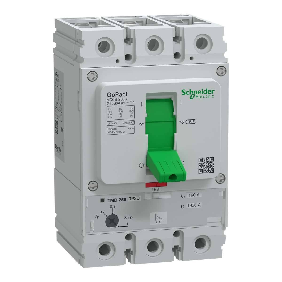 GoPact MCCB 250, 3 poles, 25kA at 415VAC, 160A rating, TMD trip unit, adjustable thermal protection