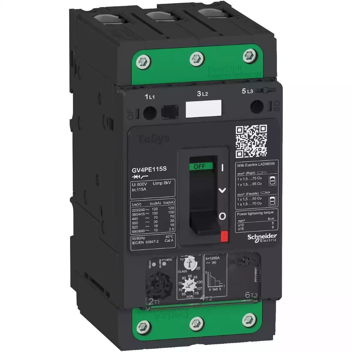 Schneider Electric Motor circuit breaker, TeSys GV4, 3P, 80A, Icu 100kA, thermal magnetic, Everlink terminals