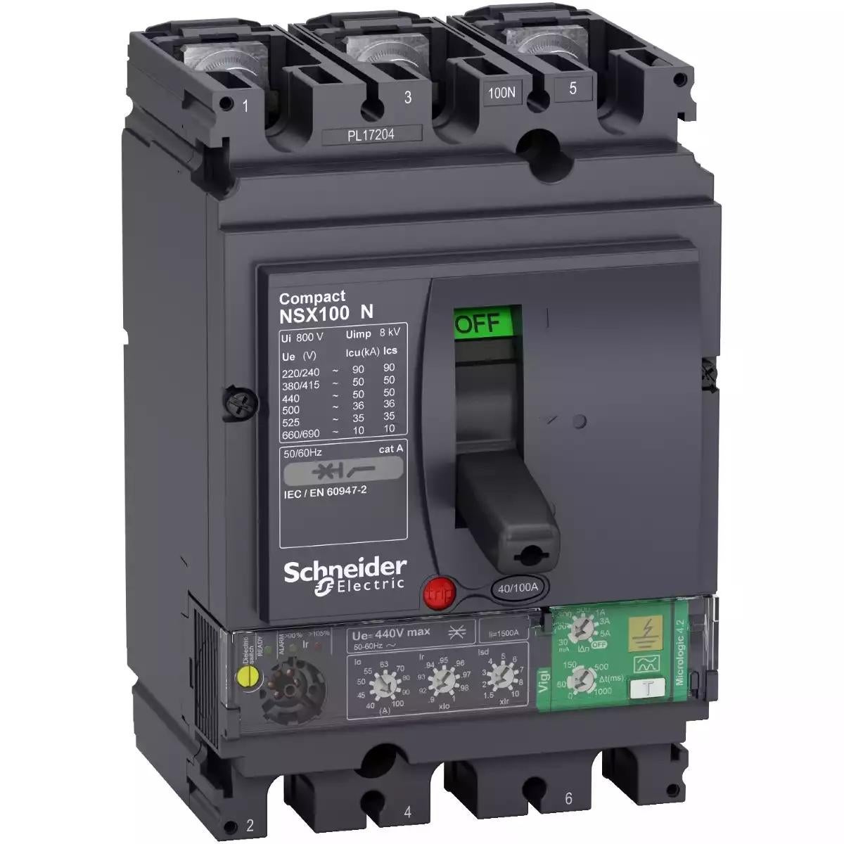 Schneider Electric circuit breaker Compact NSX100N, 50 kA at 415 VAC, Micrologic 4.2 Vigi trip unit 100 A, 3 poles 3d