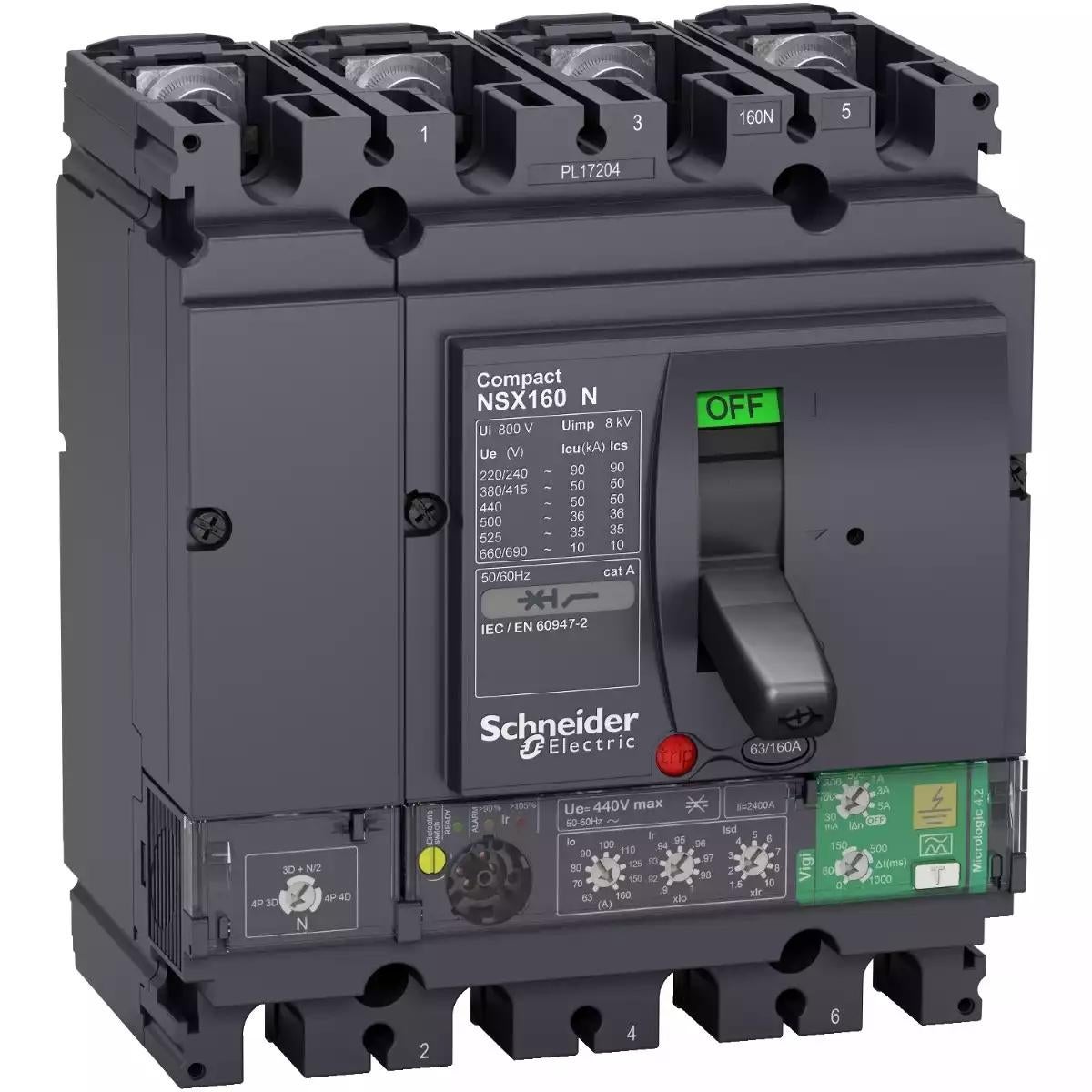 Schneider Electric circuit breaker Compact NSX160N, 50 kA at 415 VAC, Micrologic 4.2 Vigi trip unit 160 A, 4 poles 4d