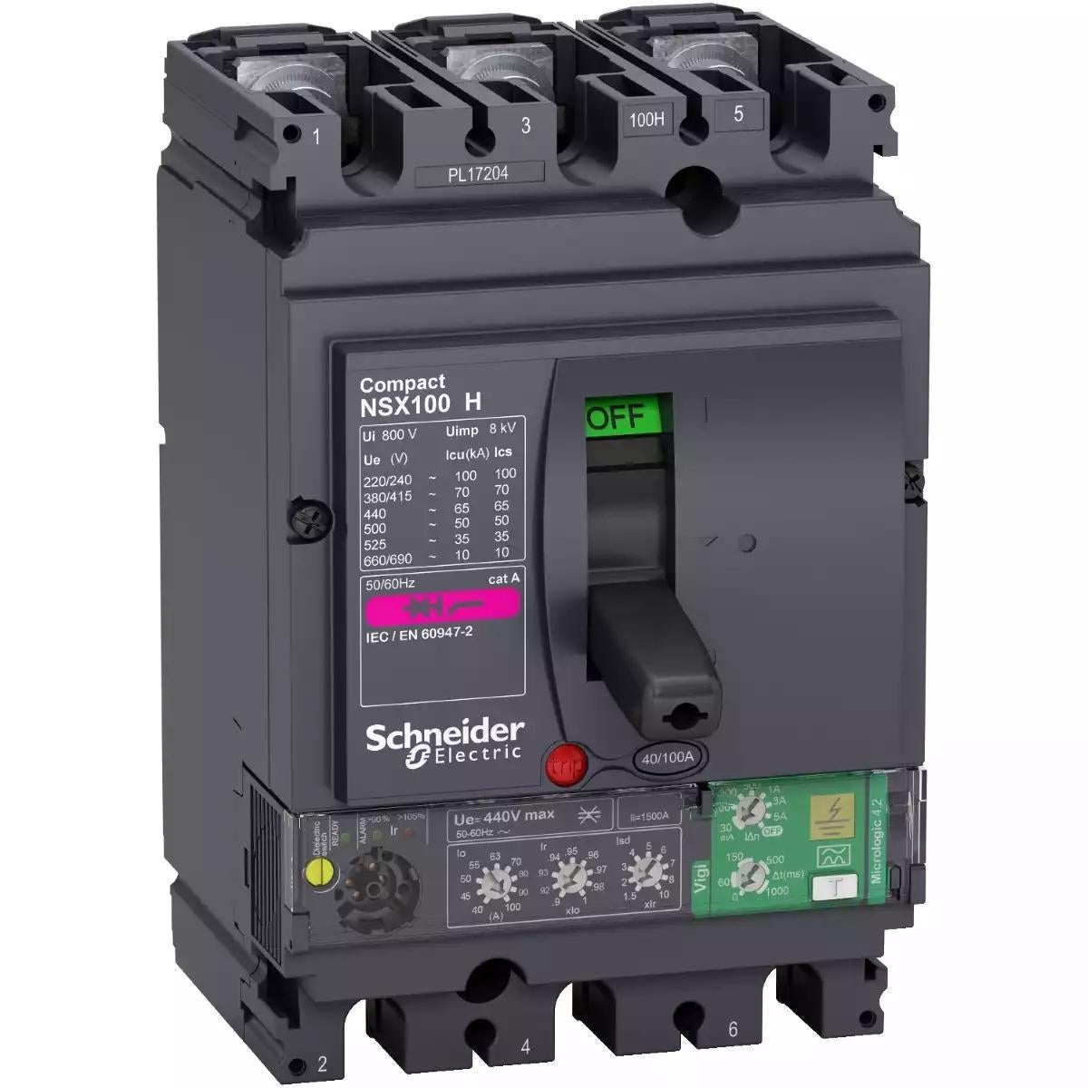 Schneider Electric circuit breaker Compact NSX100H, 70 kA at 415 VAC, Micrologic 4.2 Vigi trip unit 100 A, 3 poles 3d