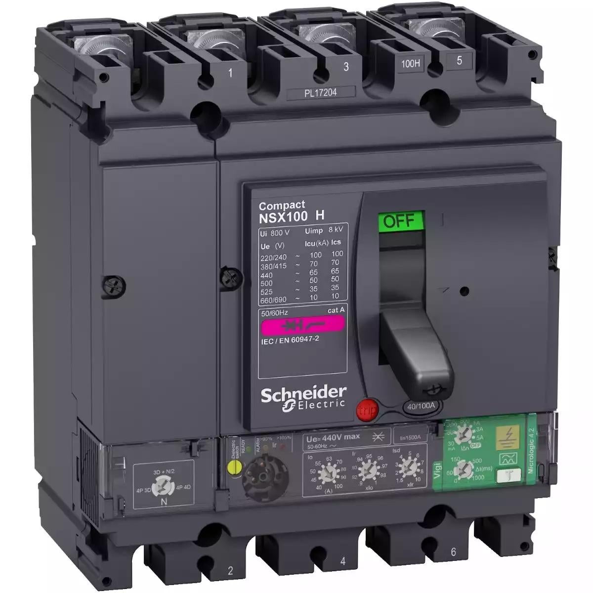 Schneider Electric Compact NSX <630 circuit breaker NSX100H, 70 kA at 415 VAC, Micrologic 4.2 Vigi trip unit 100 A, 4 poles 4d