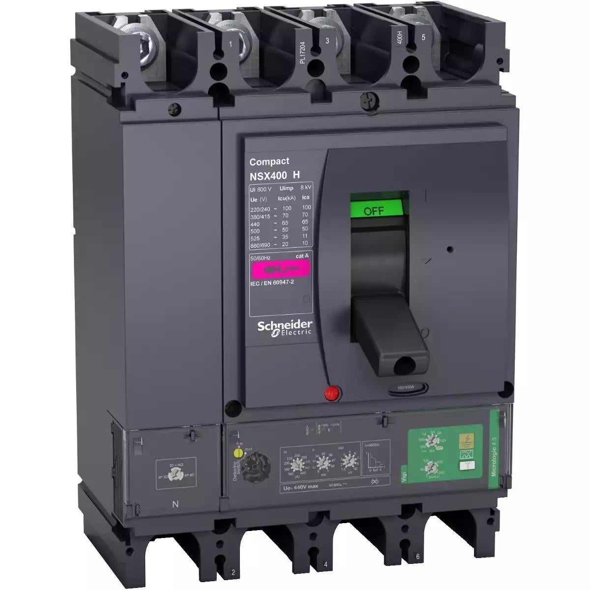 Schneider Electric circuit breaker Compact NSX400H, 70 kA at 415 VAC, Micrologic 4.3 Vigi trip unit 400 A, 4 poles 3d