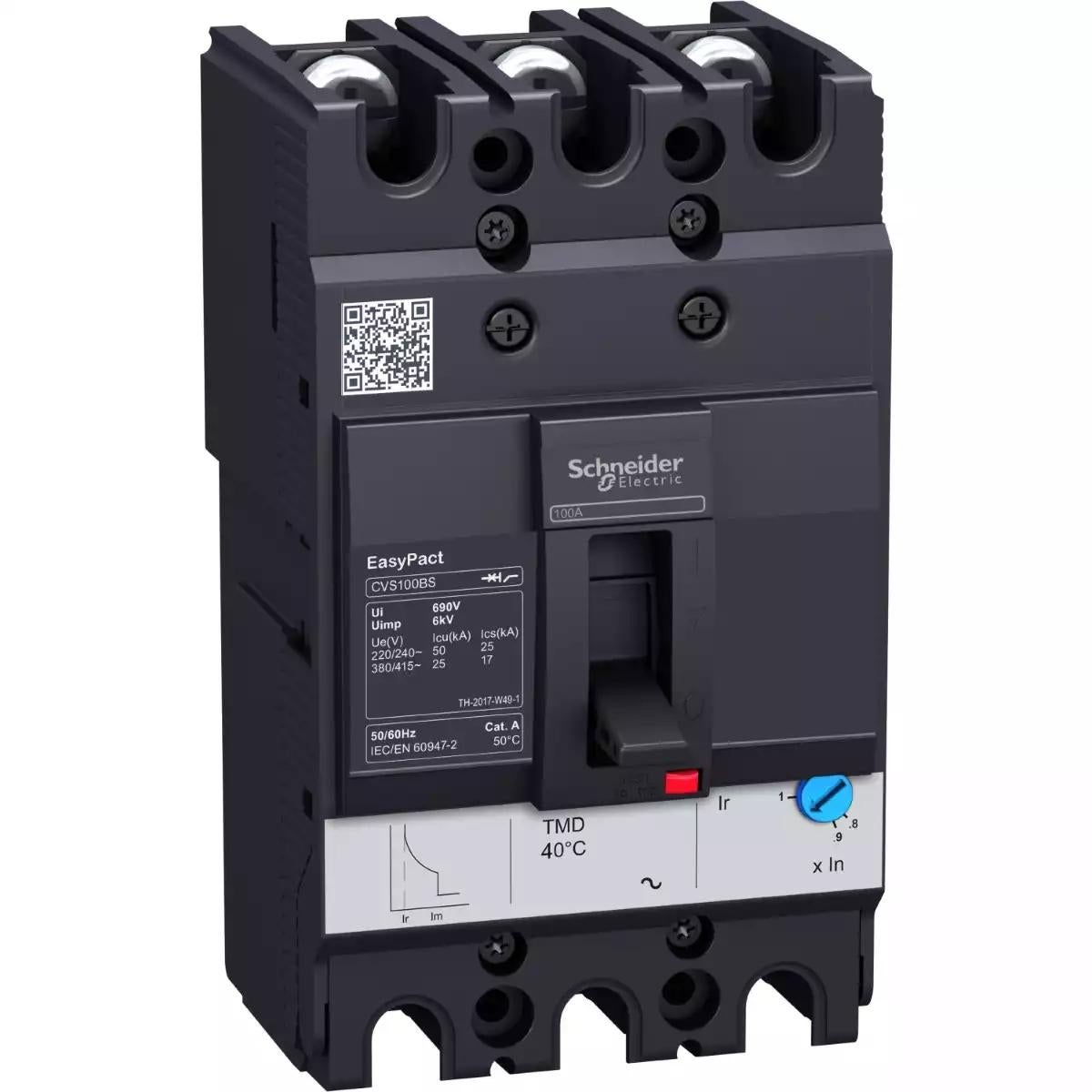 Schneider Electric EasyPact CVS circuit breaker CVS100BS, 25 kA at 415 VAC, 16 A rating thermal magnetic TM-D trip unit, 3P 3d