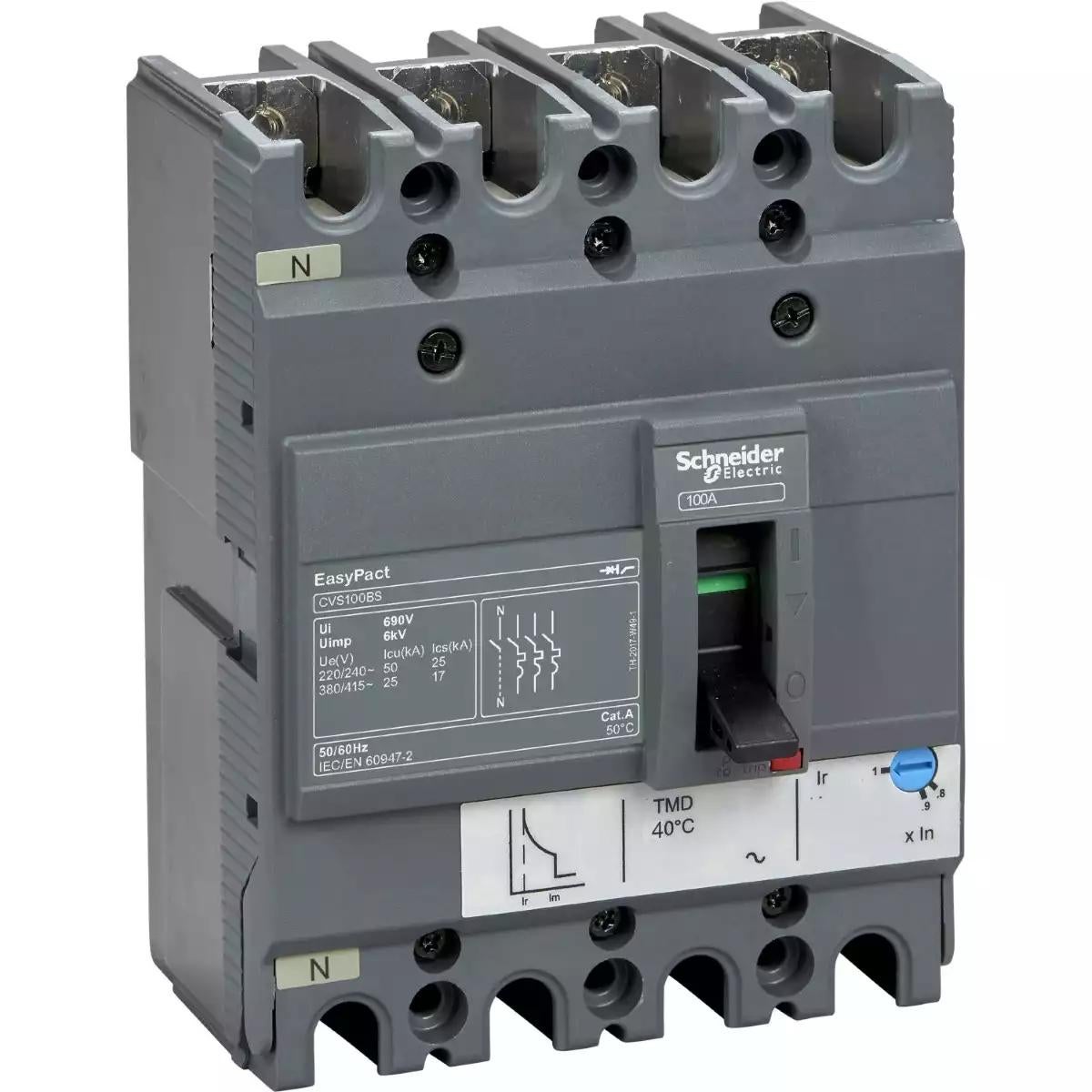 Schneider Electric EasyPact CVS circuit breaker CVS100BS, 25 kA at 415 VAC, 50 A rating thermal magnetic TM-D trip unit, 4P 3d