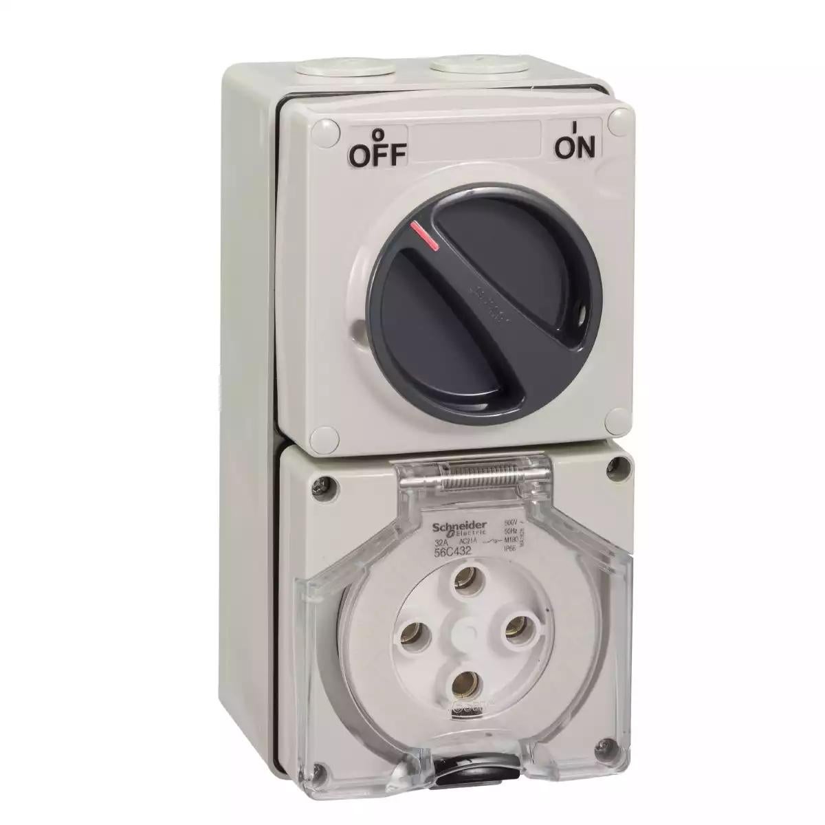Schneider Electric WPS - 32A 500V - 3 phase 4 round pin - combination switched socket (grey)