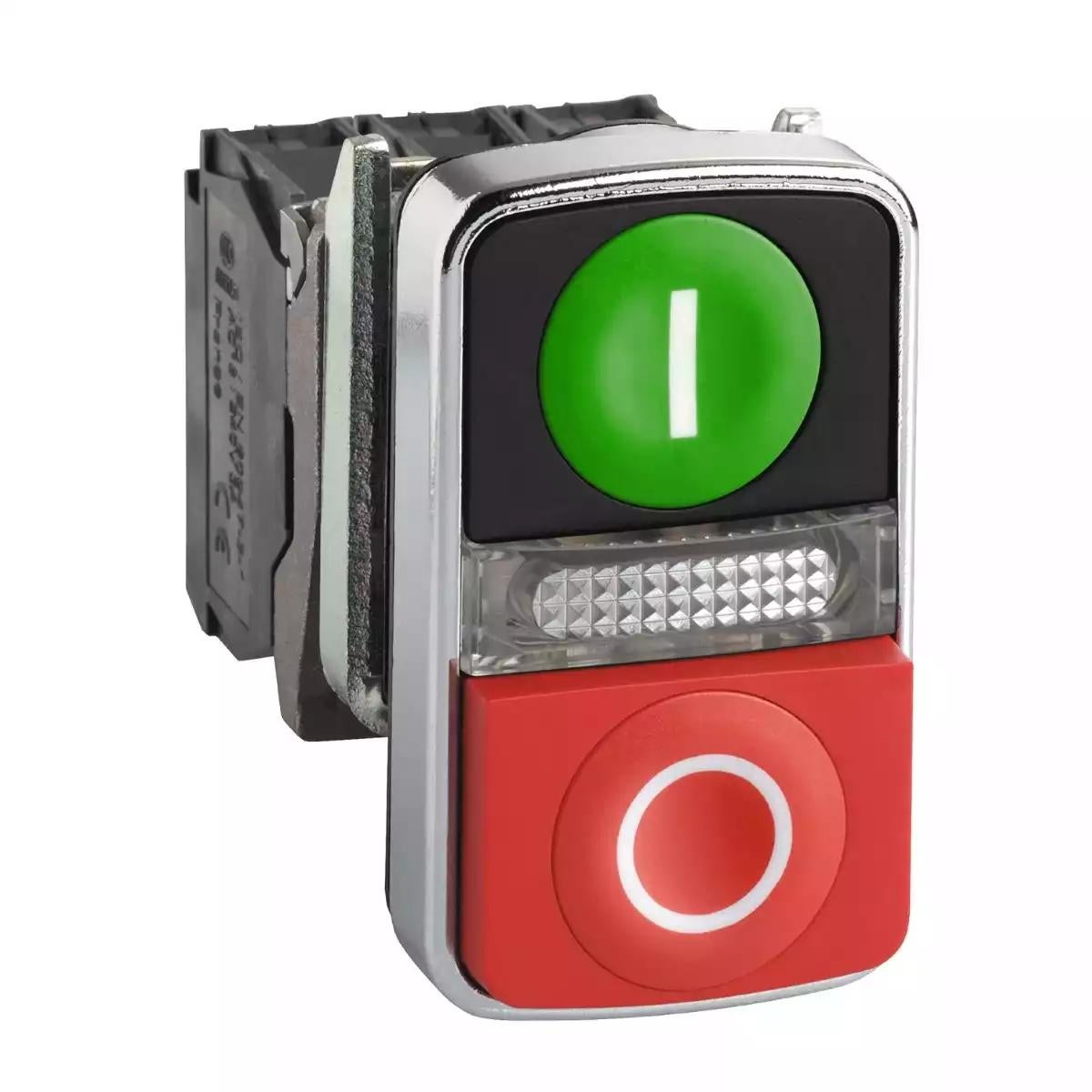 Schneider Electric Harmony XB4 green flush/red projecting illuminated double-headed pushbutton Ã˜22 1NO+1NC 24V
