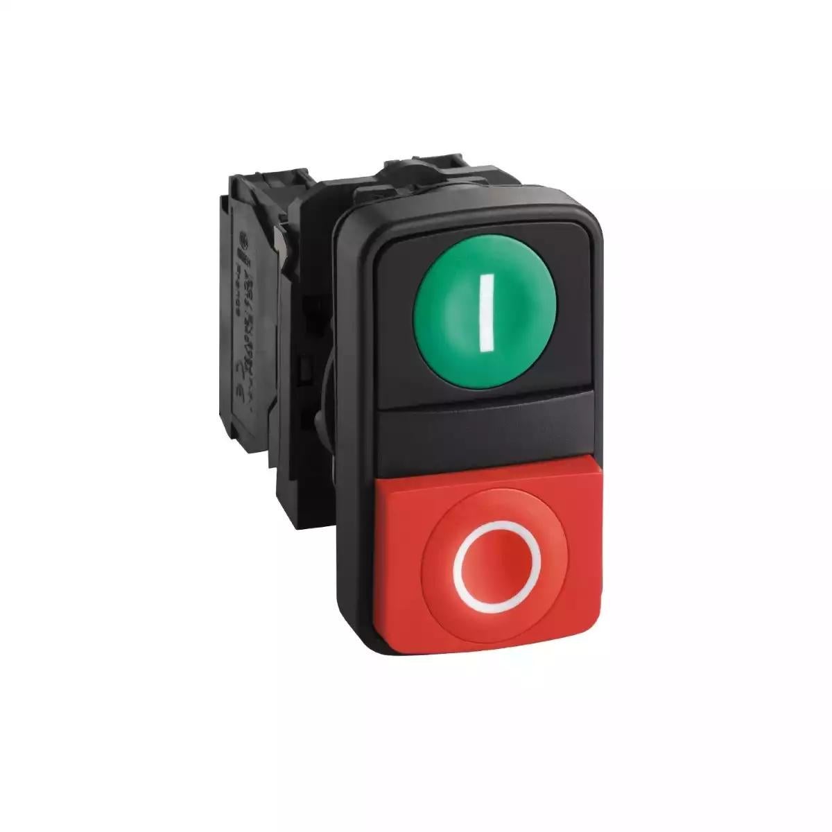 Schneider Electric Harmony XB5 green flush/red projecting double-headed pushbutton Ã˜22 with marking